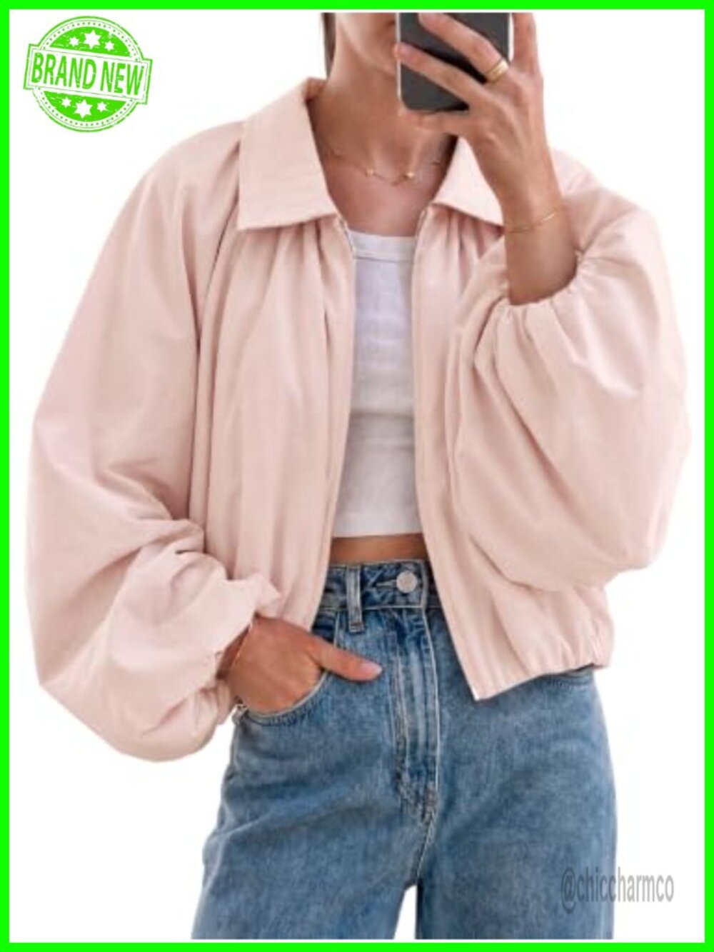 Women's Cropped Bomber Jacket Zip Up Oversized Balloon Sleeve Casual